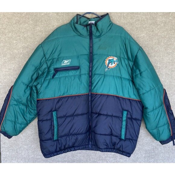 Vintage Reebok NFL Miami Dolphins Puffer Coat R508A Size XXL Warm Green Blue